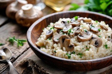 Creamy Risotto with Saut&eacute;ed Mushrooms and Thyme in a Bowl