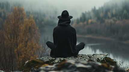 Man in black hooded hat sitting on a rock and looking. Ai generative