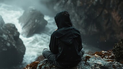 Man in black hooded hat sitting on a rock and looking. Ai generative
