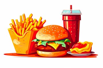 Flat illustration of delicious hamburger with fries and cold drink generative ai - obrazy, fototapety, plakaty