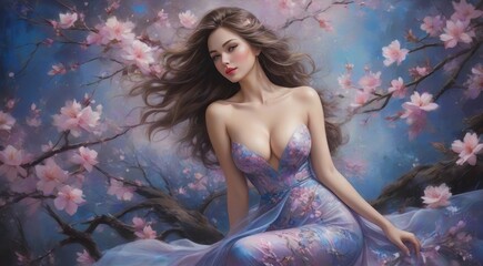 Obraz na płótnie Canvas beautiful lady Full Modern Acrylic painting, a woman wearing long dress,