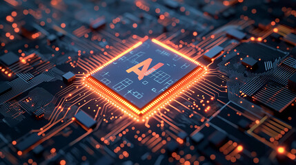 Ai logo in computer chip, nanotechnology AI chip concept design.