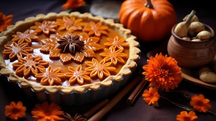Fototapeta premium Autumnal Pumpkin Pie With Festive Decor