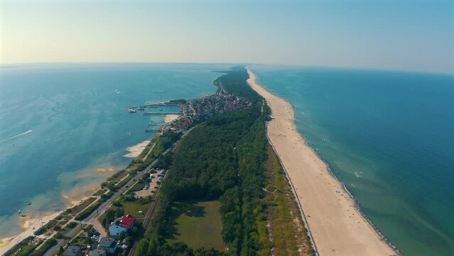 Drone flying above the Hel penisula in Poland at sunny summer day