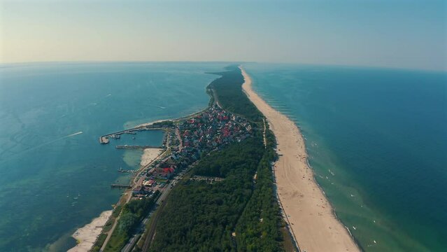 Drone shot above the Hel penisula in Poland with beach and sea in the background