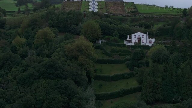 Aerial view of Ermida de Nossa Senhora da Paz church at Azores, Portugal