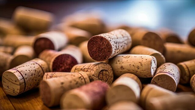 Closeup of a pile of used wine corks that will soon become a decorative cork board.