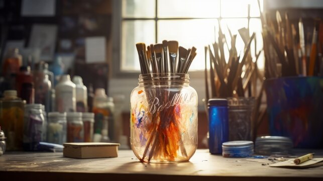 Artist’s Workspace with Paint Brushes and Colors