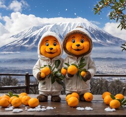 orange mascot character with mountain and snow background