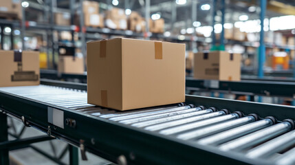 Ecommerce package in a logistics warehouse on conveyer belt. Business concept. 