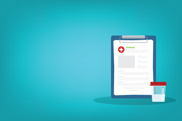 Semen test medical sample in a glass tube and medical lab analysis form list with results data. Medical semen test records concept. Chemical laboratory analysis. 