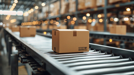 Ecommerce package in a logistics warehouse on conveyer belt. Business concept.  - obrazy, fototapety, plakaty