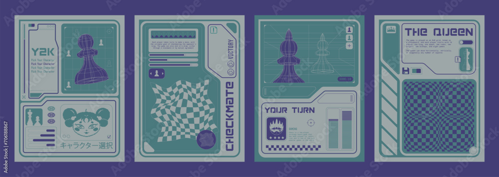 Poster y2k aesthetic poster or banner design with 2000s video game wireframe and pixel elements. vector ill