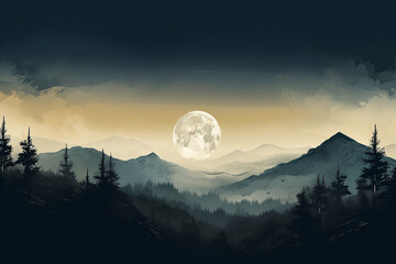 Nature, landscape and art concept. Abstract illustration of mountains at night with big moon and forest in background with copy space. Minimalist and abstract style