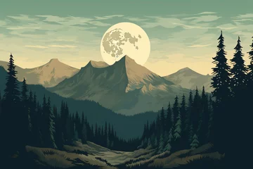 Cercles muraux Montagnes Nature, landscape and art concept. Abstract illustration of mountains at night with big moon and forest in background with copy space. Minimalist and abstract style