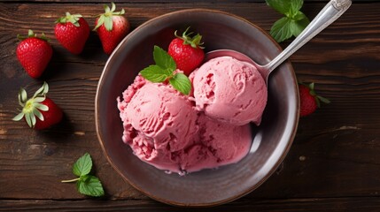 Strawberry Ice Cream Bowl With Fresh Strawberry - Powered by Adobe