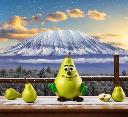 Funny pears mascot character and Mt. Fuji in the background at sunset