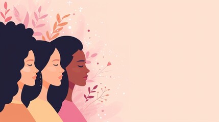 

Women's day celebration minimalist banner, march 8, several women faces graphic illustration, horizontal copy space on pastel pink background, generative ai
