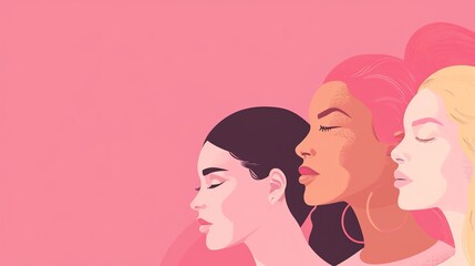Women's day celebration minimalist banner, march 8, several women faces graphic illustration, horizontal copy space on pastel pink background, generative ai