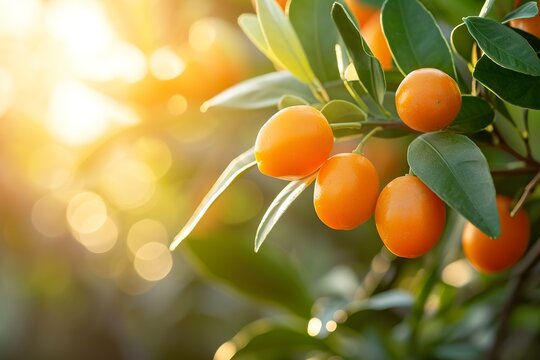 Close-up Kumquat with leaves in the garden at sunrise