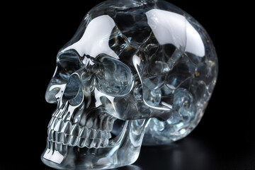 States of mind, religion and medicine concept. Transparent human skull made of crystal or ice on black background with copy space. Surreal and minimalist composition