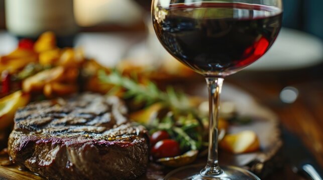  a close up of a plate of food with a glass of wine and a glass of wine on the side.