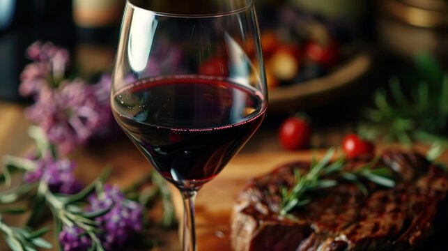  a glass of wine sitting on top of a wooden table next to a plate of food and a bottle of wine.