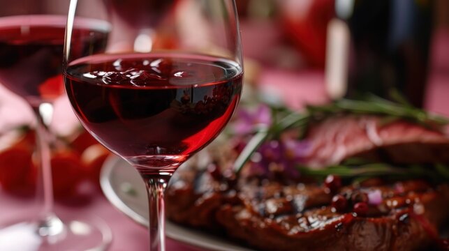  a glass of red wine next to a plate of steak and a glass of wine on a pink table cloth.