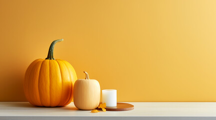 Yellow pumpkins and white candle on a wooden table