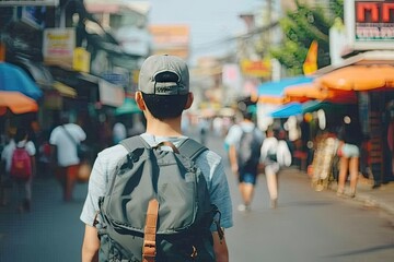Wanderlust chronicles. Asian adventure unveiled young man with backpack exploring vibrant streets of embracing urban beat and traditional charms of culture - obrazy, fototapety, plakaty