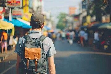 Wanderlust chronicles. Asian adventure unveiled young man with backpack exploring vibrant streets of embracing urban beat and traditional charms of culture