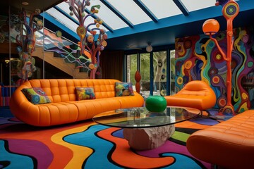 Photo of a 1960s-style living room with psychedelic decor. Generative AI