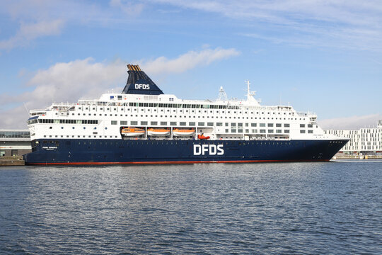 Copenhagen, Denmark - October 22, 2023: Side view of the DFDS cruiseferry Pearl Seaways when arriving from Oslo.
