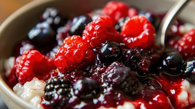  A Bowl Of Oatmeal With Berries And Blueberries With A Spoon Sticking Out Of The Oatmeal.