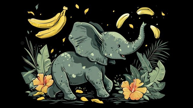  a picture of an elephant with bananas on it's back and a bunch of flowers in front of it.
