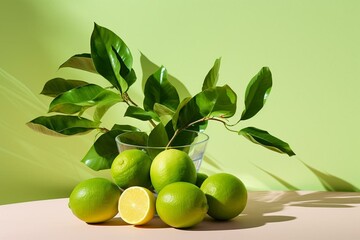 Vibrant summer arrangement featuring limes and leaf shadow on a pastel backdrop. Minimalistic concept for food photography. Generative AI