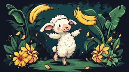  a cartoon sheep standing in the middle of a jungle with bananas on it's head and a banana peel in its mouth.