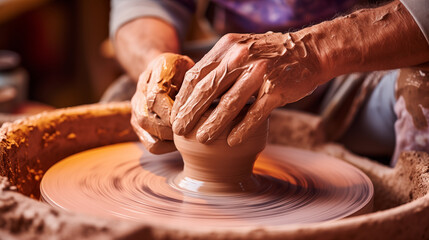 Skilled Craftsman Molding Clay in Close-up Shot. Generative AI.