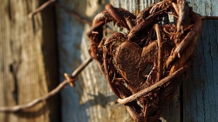  a heart - shaped piece of wood is attached to a wooden fence with a barbed wire on top of it.