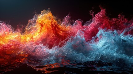  a multicolored wave of water on a black background with a red, yellow, and blue color scheme.