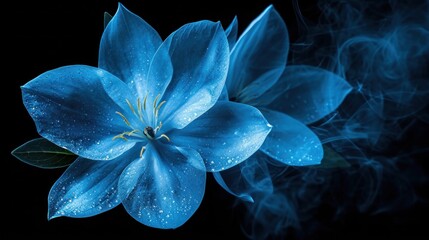  a blue flower with water droplets on it's petals and a green leaf on the top of the petals.