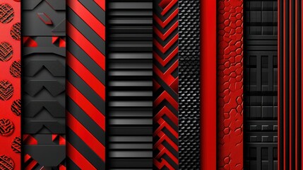 a collection of red and black wallpapers with a black and white design on each side of the wall.