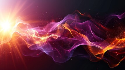  a colorful abstract background with bright lights and a wave of orange and pink smoke on a black background with a starburst in the middle. - obrazy, fototapety, plakaty