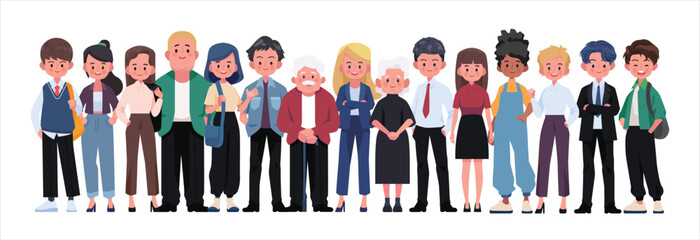 Group of diverse people smiling happily on white background.