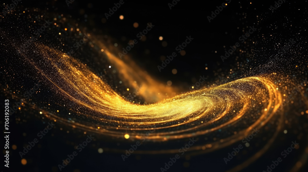 Poster digital gold particles wave and light abstract background with shining floor particle stars dust. fu