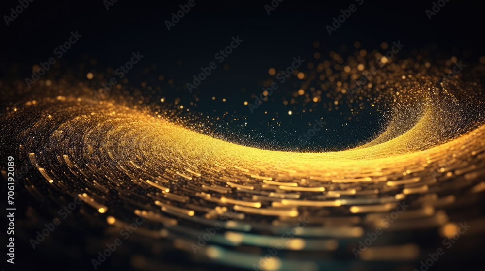 Poster digital gold particles wave and light abstract background with shining floor particle stars dust. fu
