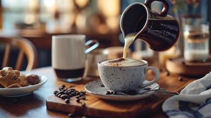  a cappuccino being poured into a cup on top of a plate with coffee beans and a plate of cookies. - obrazy, fototapety, plakaty
