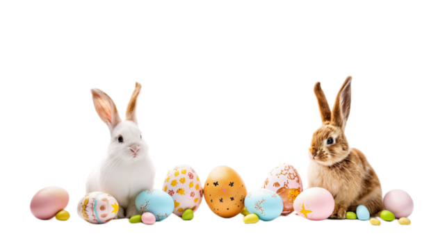 easter bunny and easter eggs isolated on white transparent background