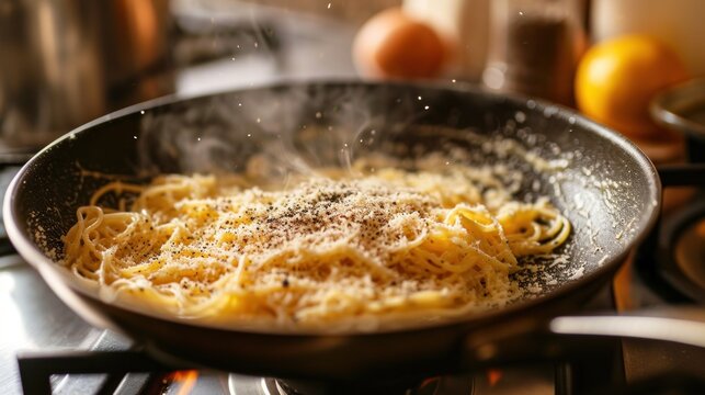  a close up of a frying pan on a stove with food cooking on the stove burners in the background.