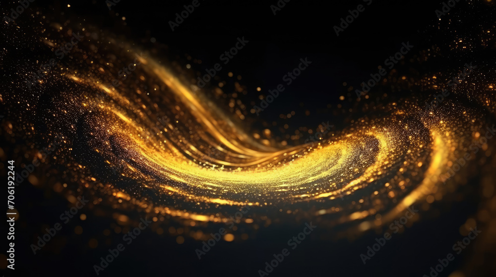 Poster digital gold particles wave and light abstract background with shining floor particle stars dust. fu